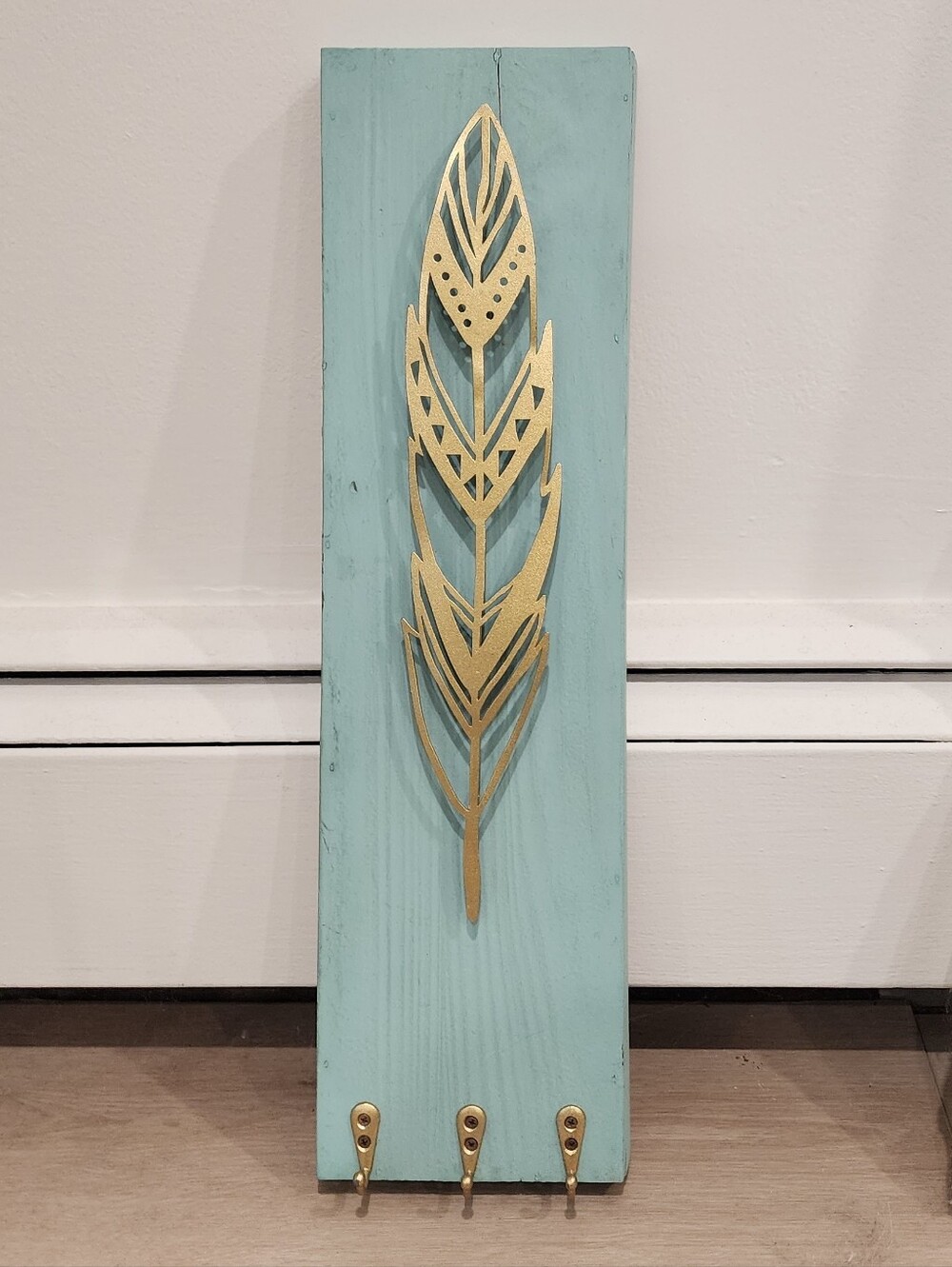 Gold Feather Wall Hook on Aqua Wood - Decorative Home Wall Decor